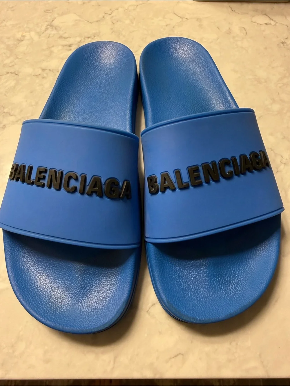 Balenciaga Mens Royal Blue Logo Slide Sandals